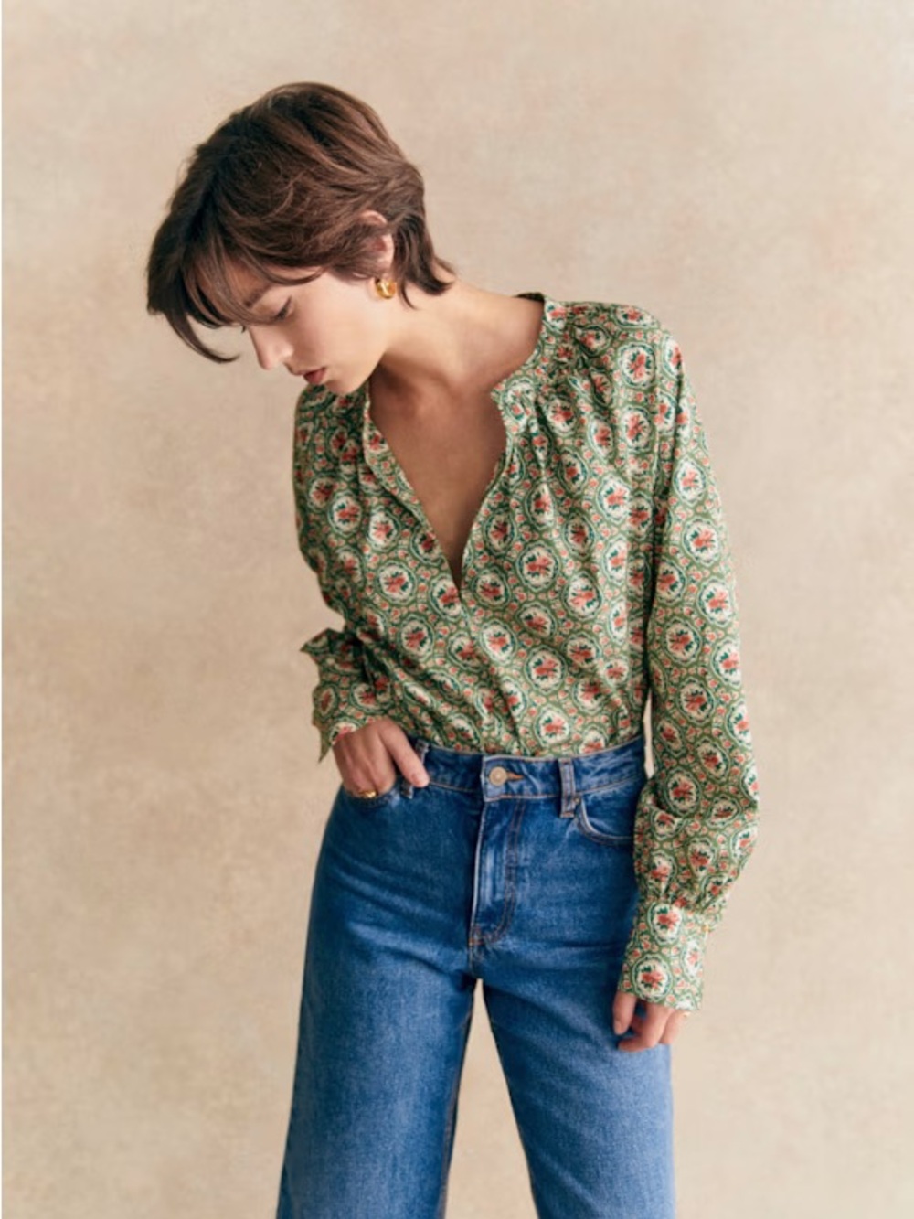 Sezane Green Floral Carla Blouse
